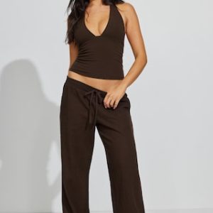 Linen Ribbed Waistband Pull-On Pants